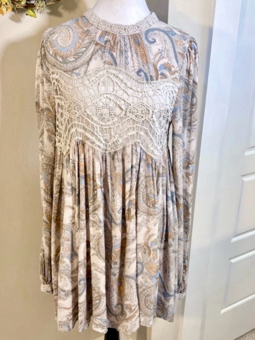 Free People Beige Paisley Lace-Yoke Mini Dress - Picture 2 of 8